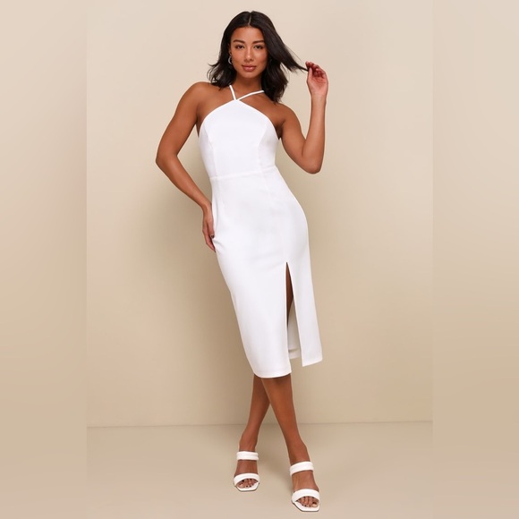 NWT Lulus Glamorous Adornment Ivory Halter Strappy Bow Midi Dress White sz XL - Picture 1 of 7